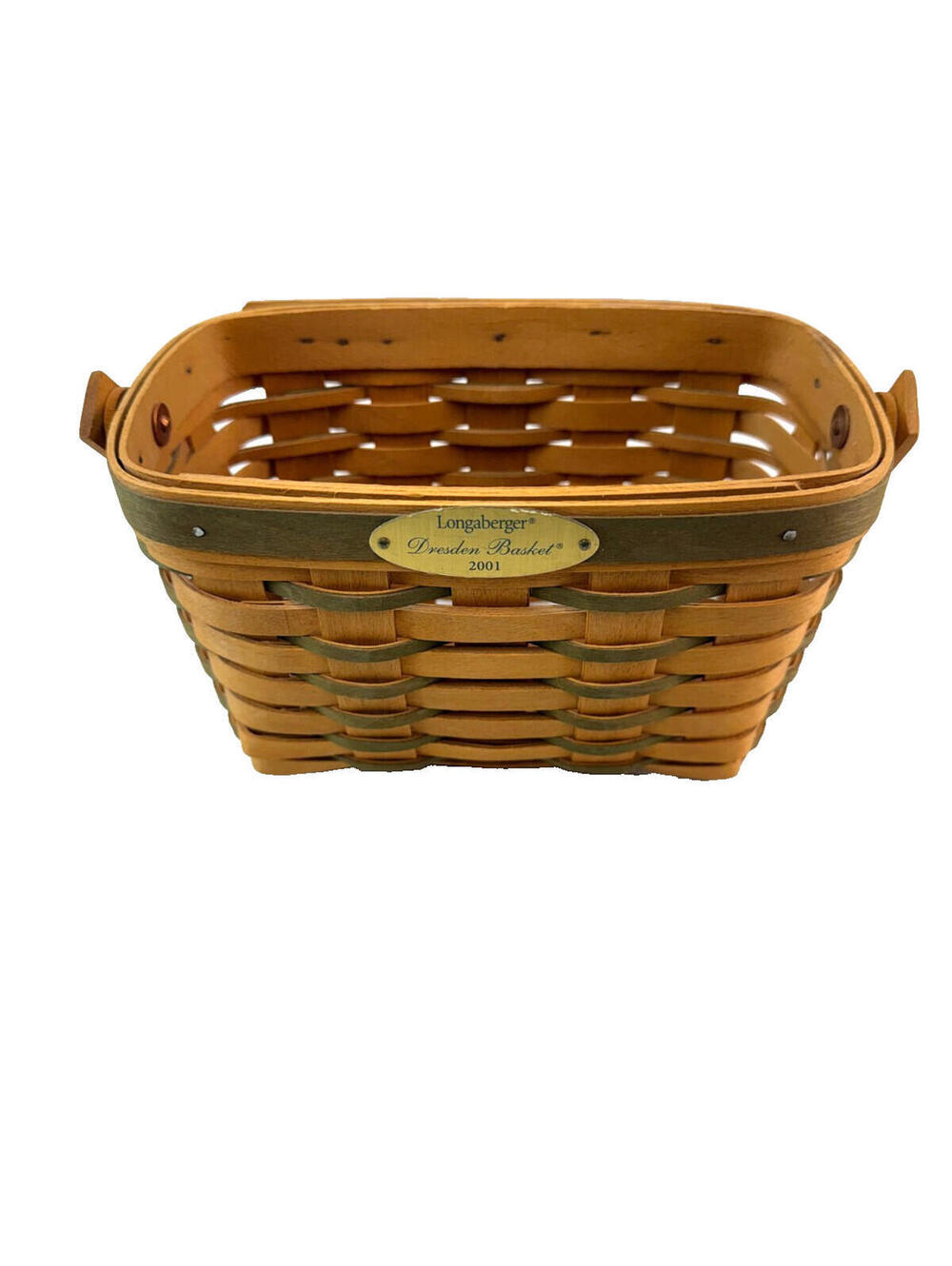 2001 Longaberger Dresden Green Weave Basket w/Swinging Handle USA Signed